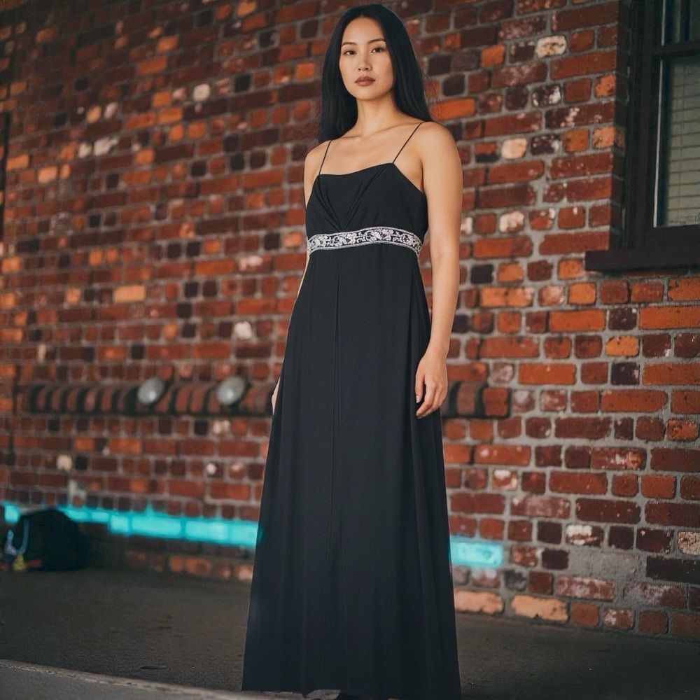 Vintage Cachet Black Empire Waist Maxi Dress Gown Sz 10 Beaded Flowy Y2K